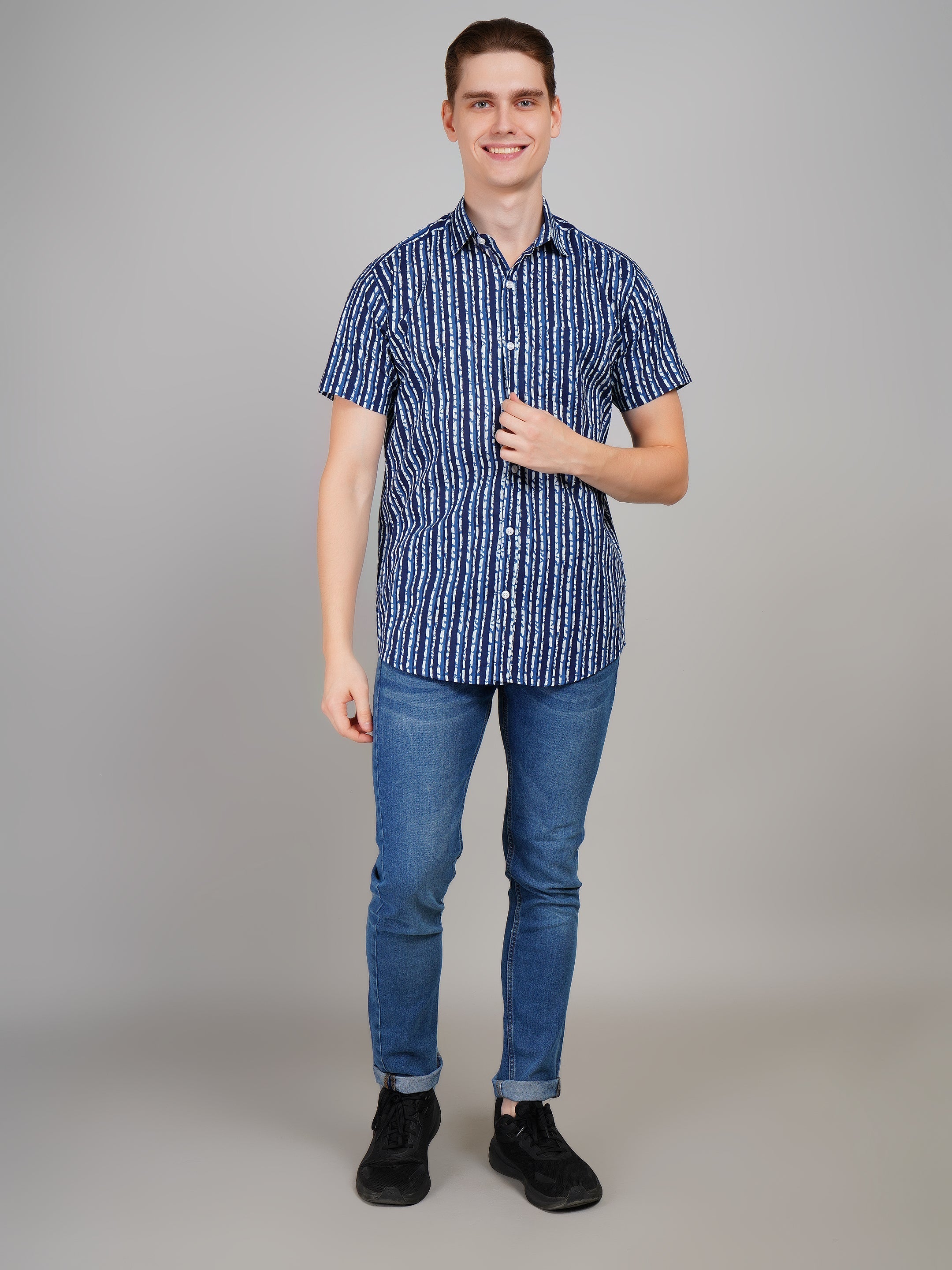 Louis Monarch Premium Jaipuri Printed Cotton Stripe Half Sleeve Casual Shirt